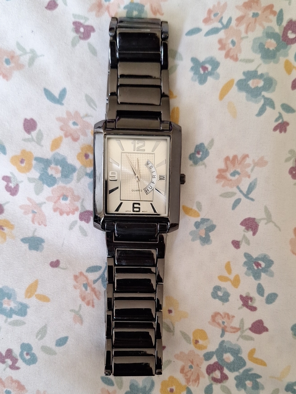 Contemporary Black Ceramic Link Women's Watch with Rectangular Dial